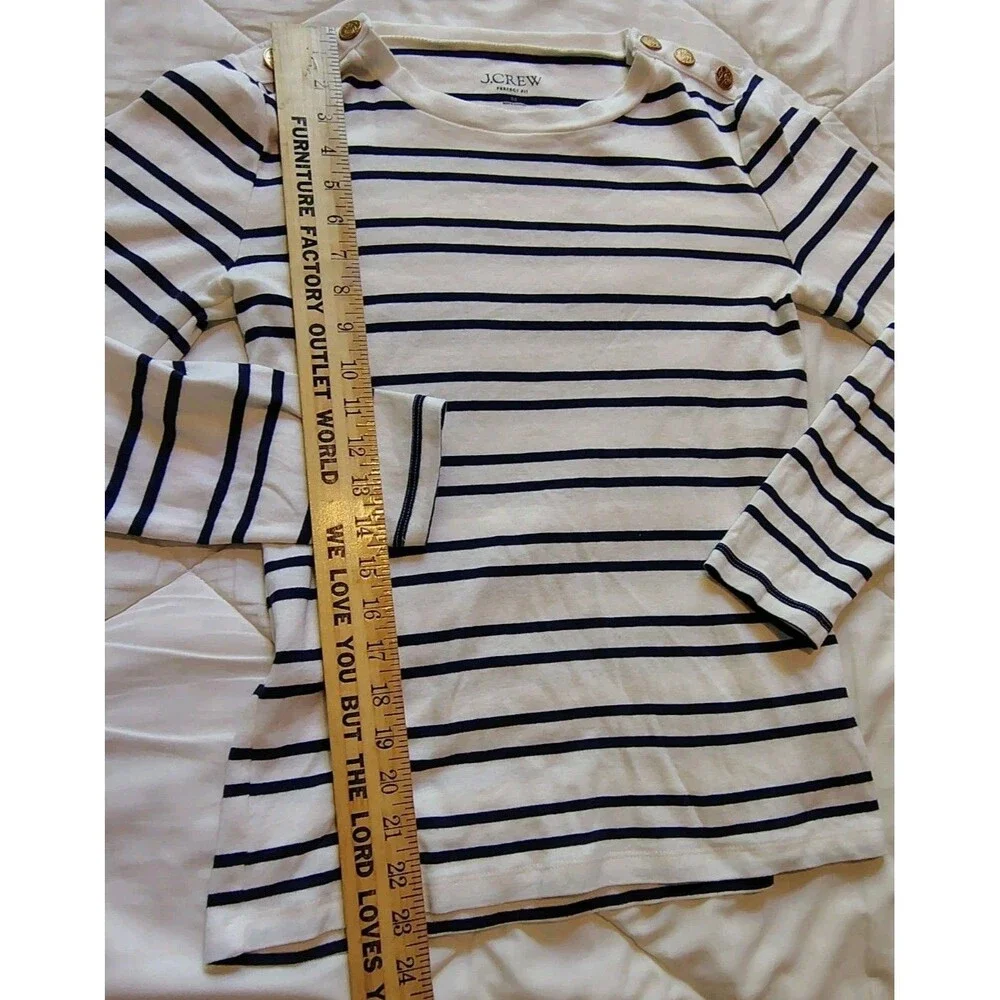J.Crew Perfect Fit Long Sleeve Navy White Striped Sailor Top Gold Button...